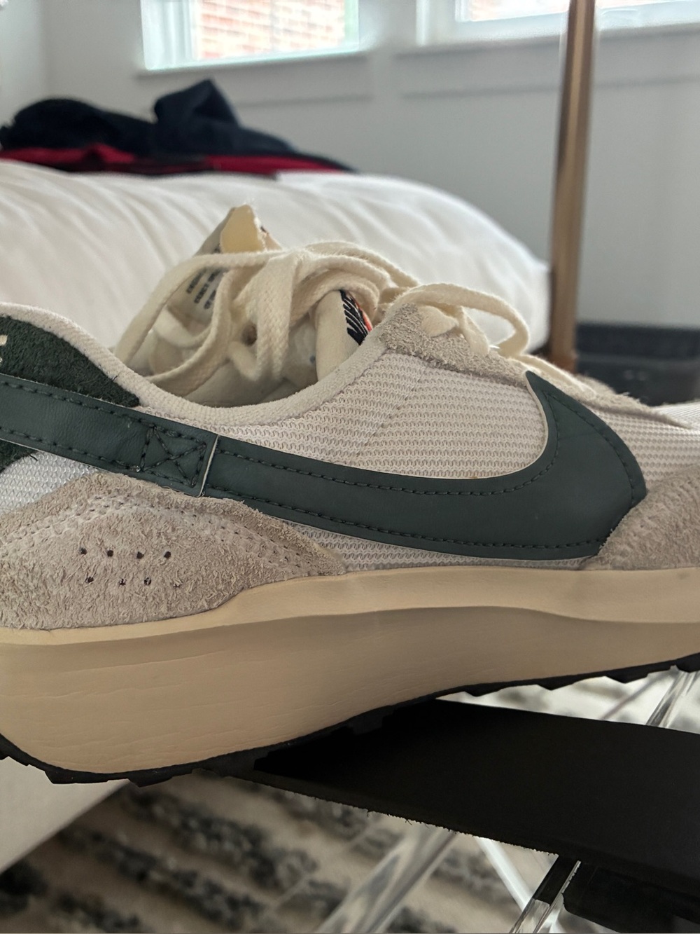 Nikes, green and cream.